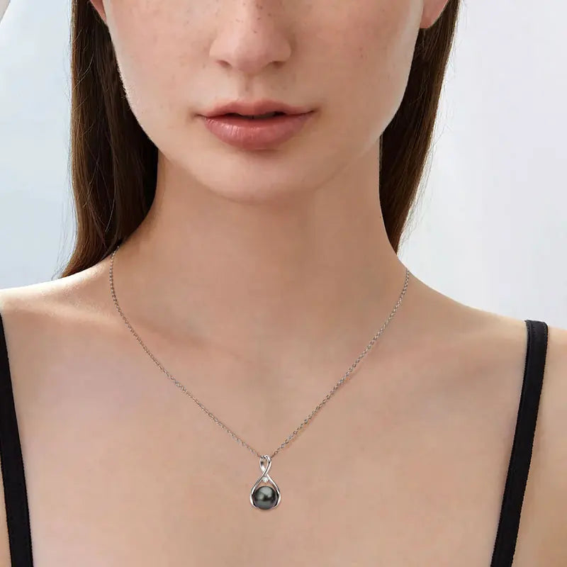Round Tahitian Black Pearl Moissanite Infinity  925 SilverPendant Necklace