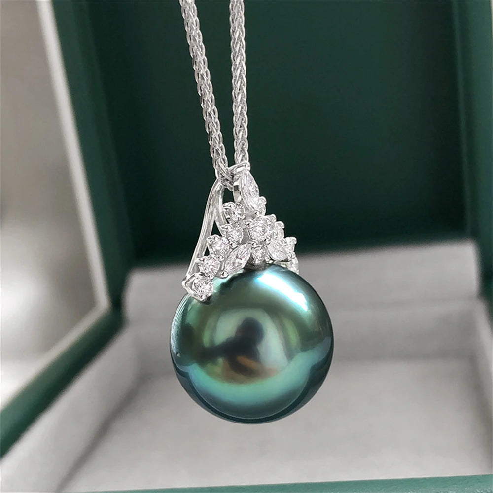 S925 Silver Inlaid Zircon Imitation Tahitian Dark Green Pearl Necklace