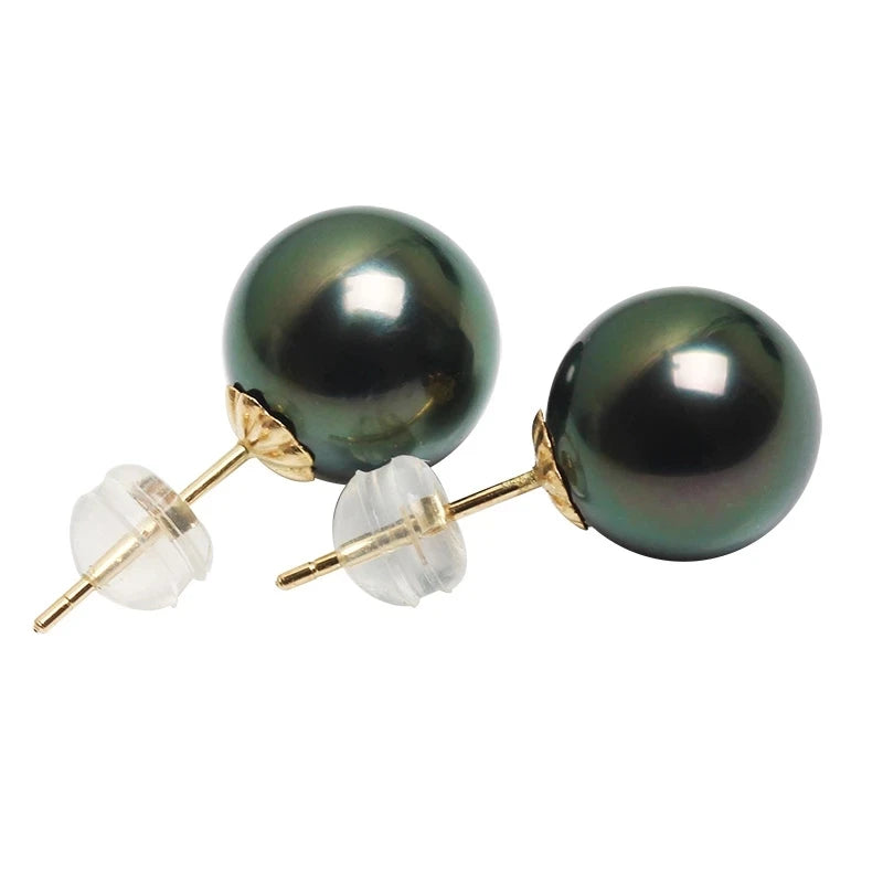 Real Tahitian Black Gold Pearl Earrings Woman,Bridal Round AU750 18k Pearl and Gold Earrings Girls Wife Mother Birthday Gifts