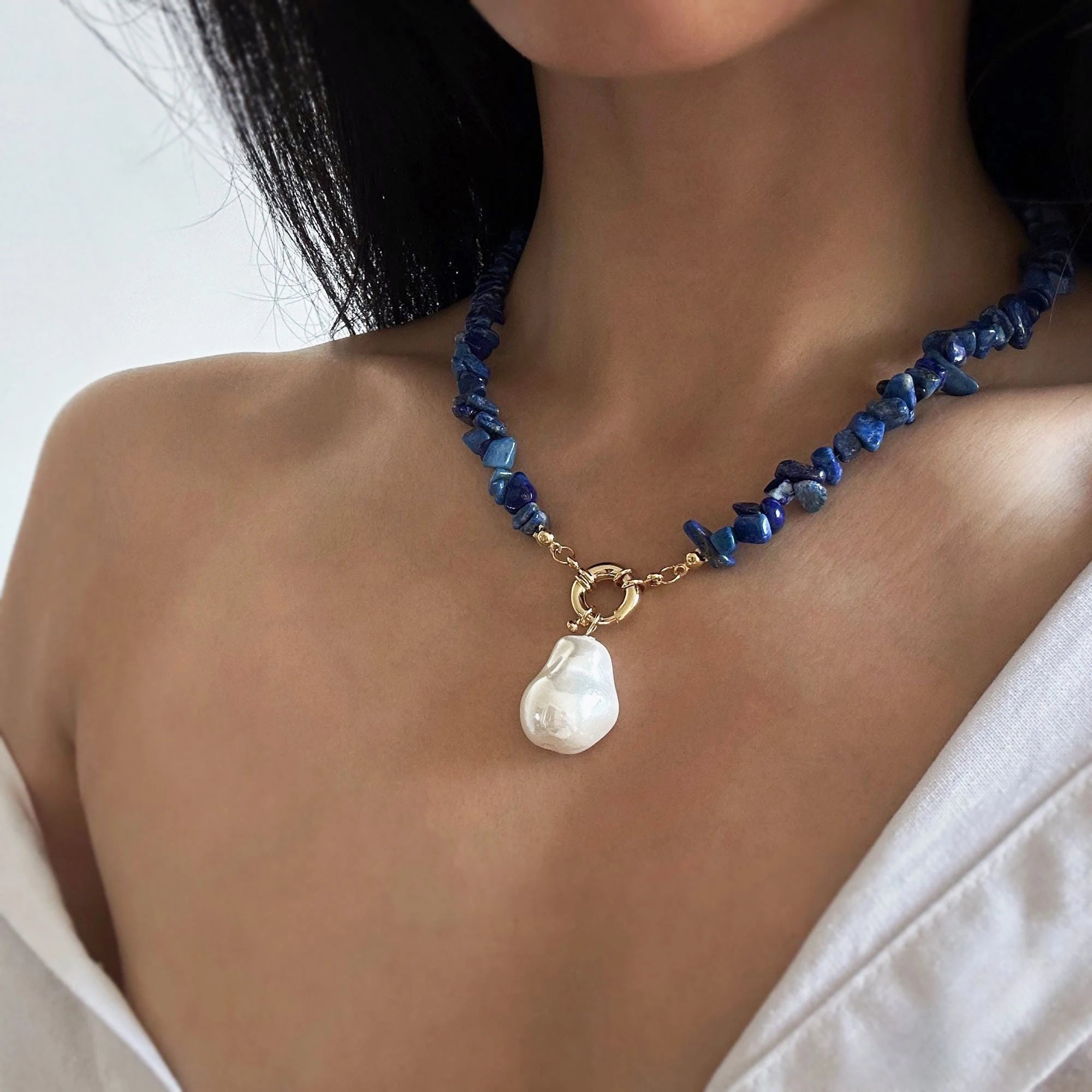 Natural Lapis Lazuli Large Glass Baroque Pearl Pendant Necklace