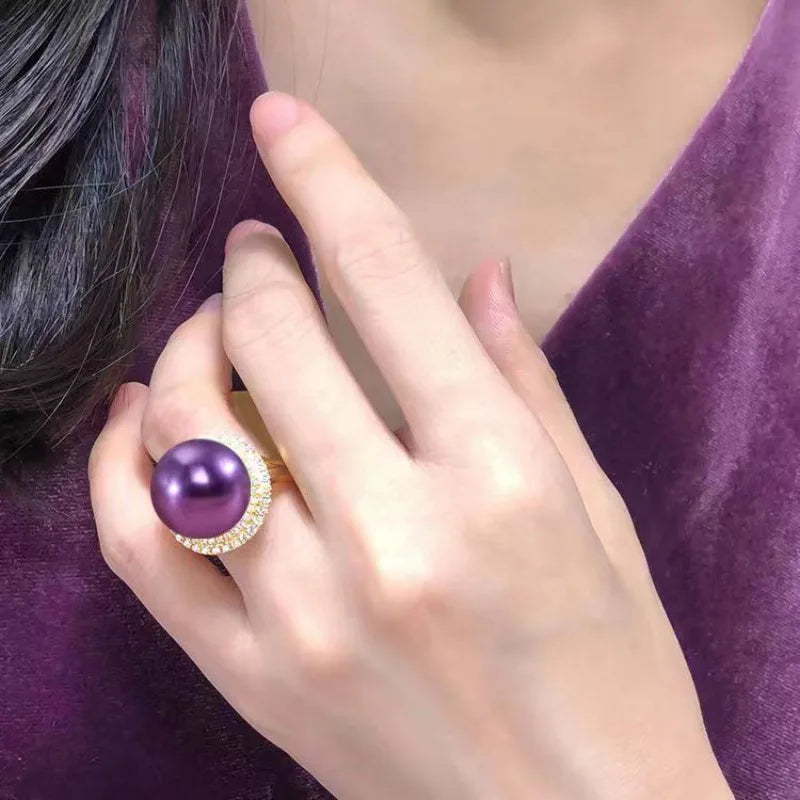 Natural South Sea Round Pearl 11mm AAA Purple Black Gold Lavender Adjustable Ring