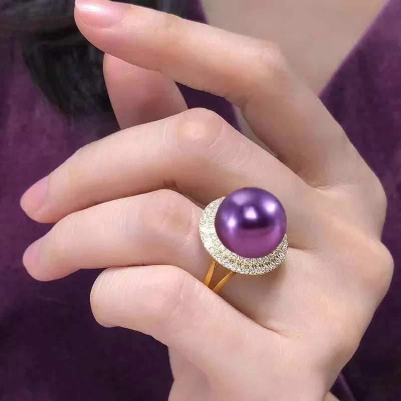 Natural South Sea Round Pearl 11mm AAA Purple Black Gold Lavender Adjustable Ring