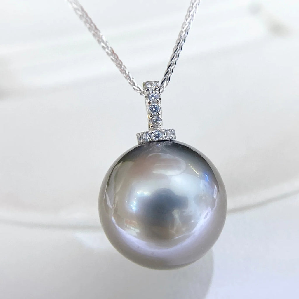 Natural Tahitian Pearl Necklace S925 Silver Platinum Gray Pendant