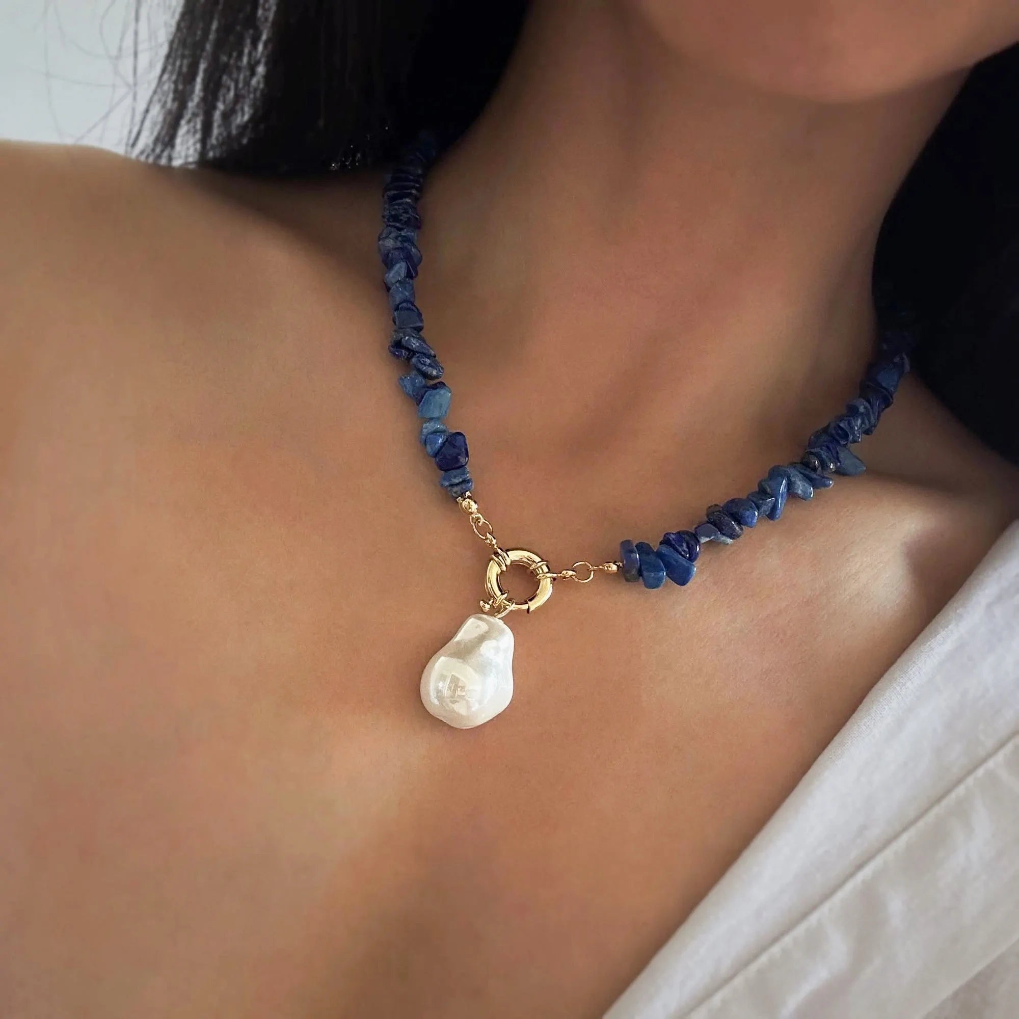 Natural Lapis Lazuli Large Glass Baroque Pearl Pendant Necklace