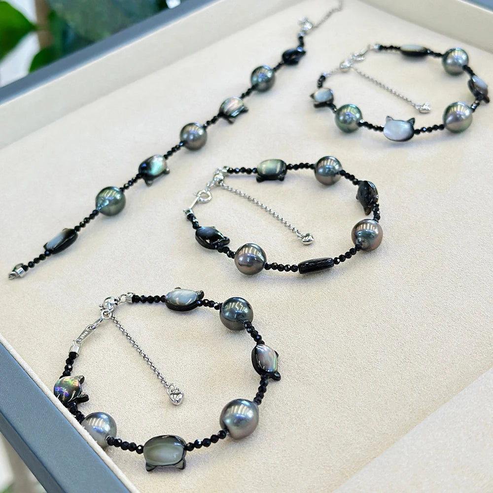 9-10mm Tahitian Black Pearl with 925 Silver Necklace and Bracelet Jewelry Set