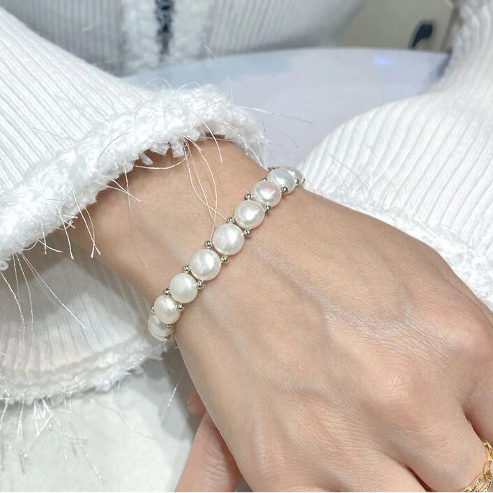 Baroque Pearl AA 8-9mm Natural Freshwater White Big Pearl Adjustable Chain Link Bracelet