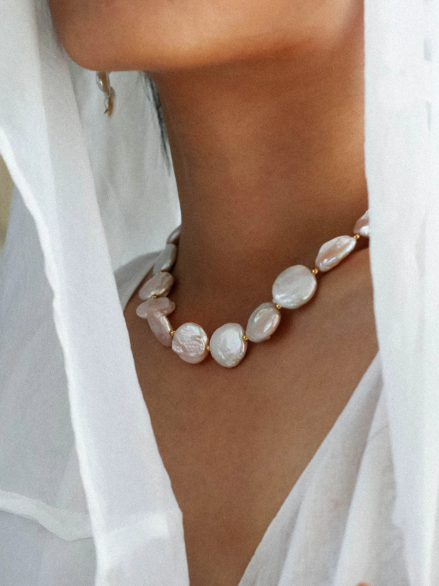 Real Natural Baroque Pearl Brass With 18K Gold Choker Necklace