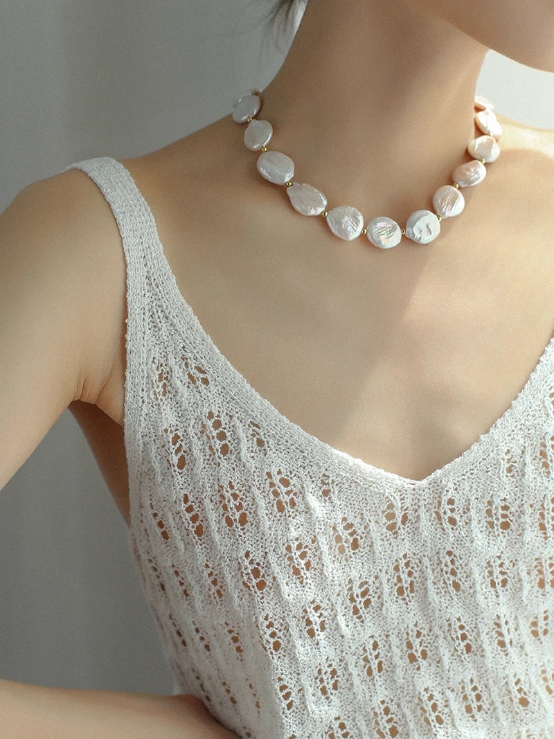 Real Natural Baroque Pearl Brass With 18K Gold Choker Necklace