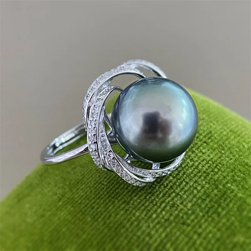 Natural Tahitian Black Round pearl AAAA+  12-13mm 925 Silver Designer Huge Ring