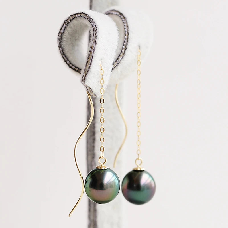 Perfect Round Tahitian Black Pearl Earrings For Women,Real 18k Gold Pearl Earrings Wedding Bride Gift