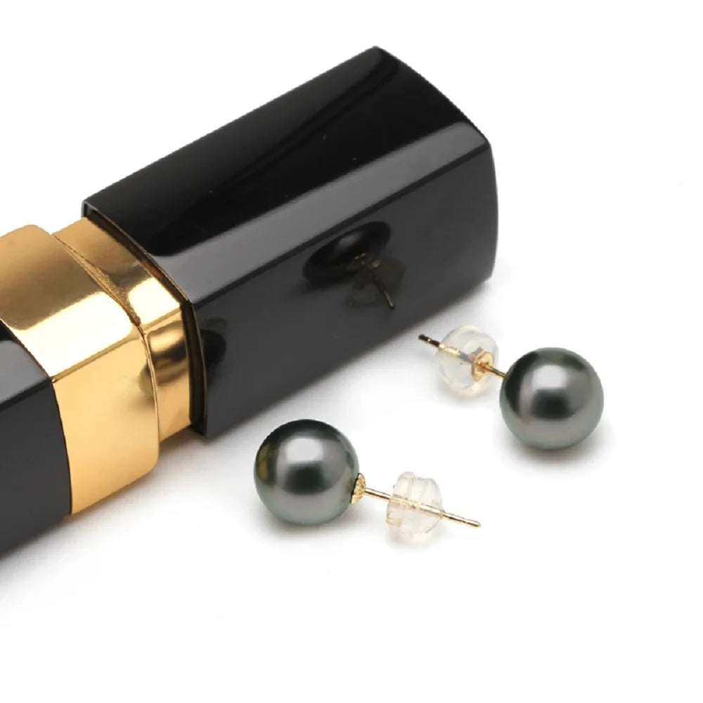 Real 18k/AU750 gold pearl earrings, round Tahitian black pearl earrings 8-9mm 9-10mm 10-11mm