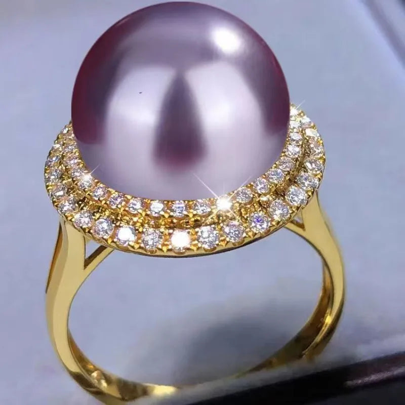 Natural South Sea Round Pearl 11mm AAA Purple Black Gold Lavender Adjustable Ring