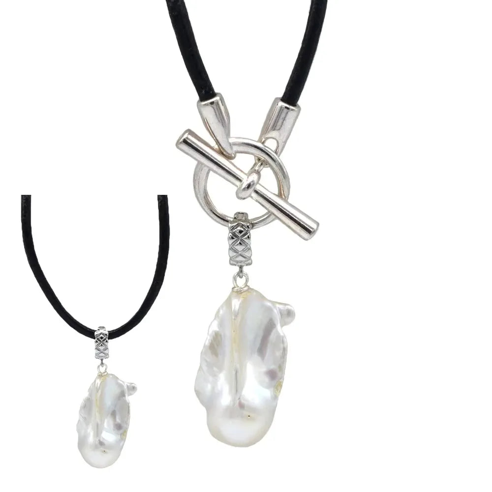 White Natural Baroque Large Pearl Pendant OT Buckle Black Leather Necklace