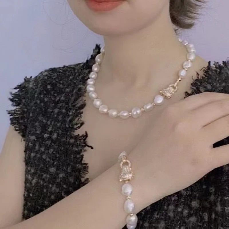 Natural Freshwater 10-11mm Baroque Pearl Choker Necklace BraceletJewelry Set