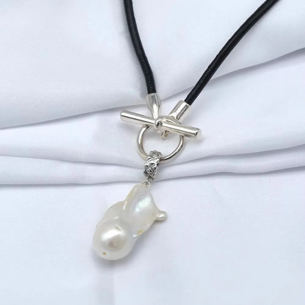 White Natural Baroque Large Pearl Pendant OT Buckle Black Leather Necklace