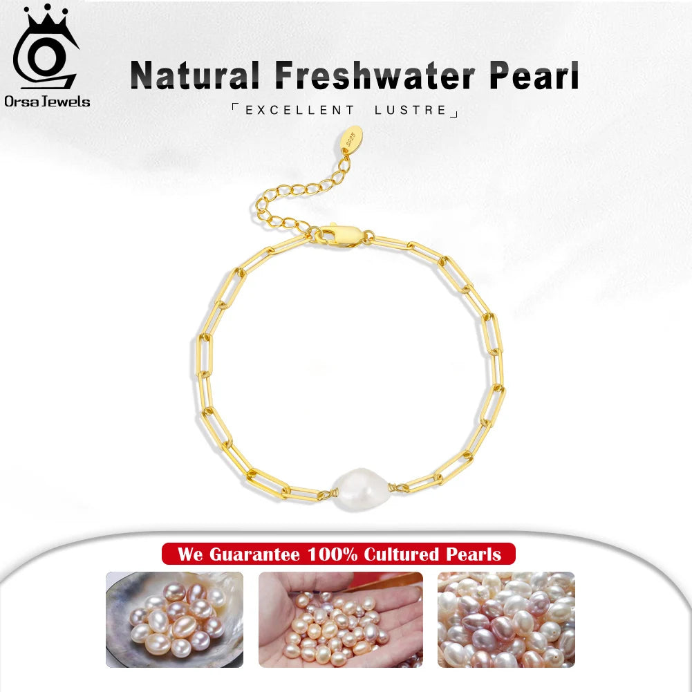 925 Sterling Silver Natural Freshwater Pearl with Paperclip Vintage Chunky Link Chain Bracelet