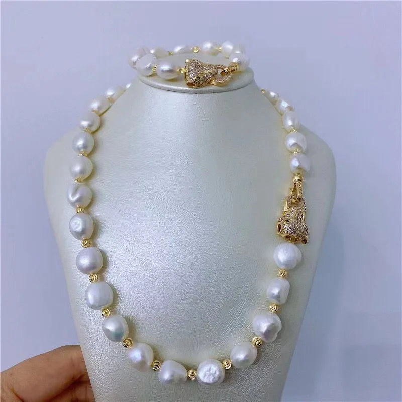 Natural Freshwater 10-11mm Baroque Pearl Choker Necklace BraceletJewelry Set