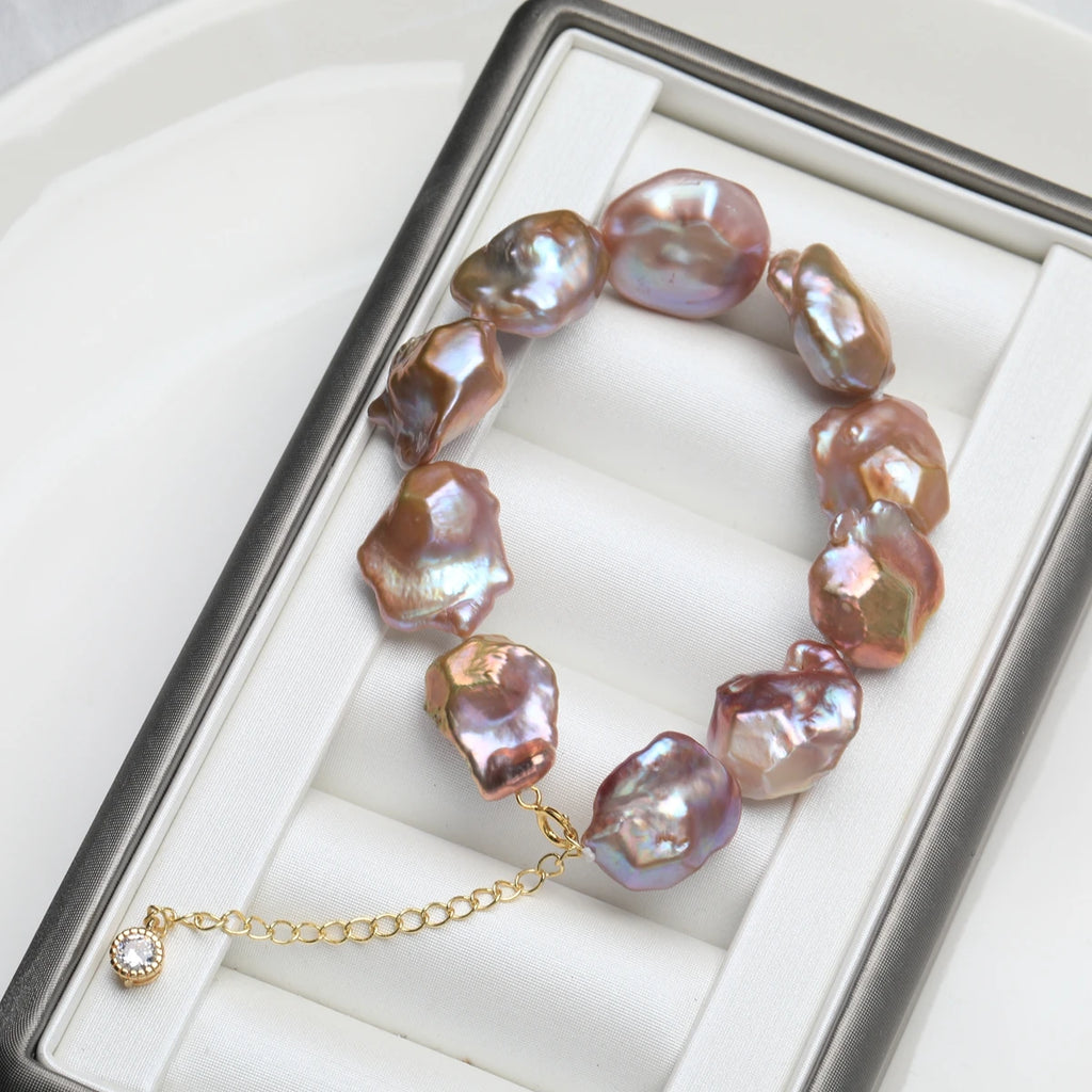 Freshwater Alien Pearl Bracelet Natural Colors Colorful Metal Light Irregular Baroque Bracelet with Zircon Strange Jewelry