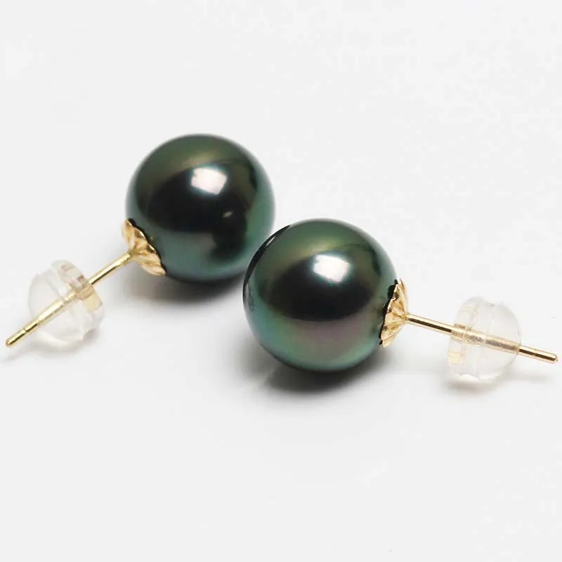 Real Tahitian Black Gold Pearl Earrings Woman,Bridal Round AU750 18k Pearl and Gold Earrings Girls Wife Mother Birthday Gifts