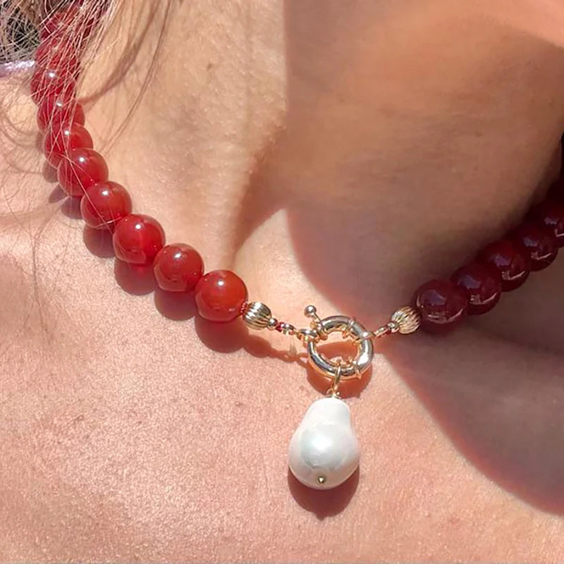 Natural Large Baroque Pearl Carnelian Agate Gemstone Choker
