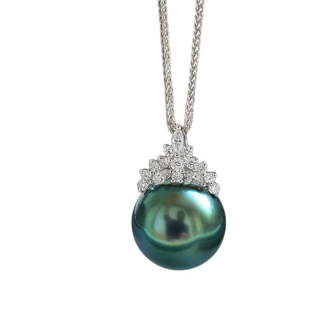 S925 Silver Inlaid Zircon Imitation Tahitian Dark Green Pearl Necklace
