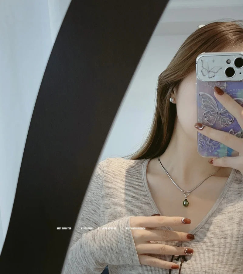 9-10 mm Nature Tahitian BLACK Pearl Pendant Necklace with S925 Silver Chain