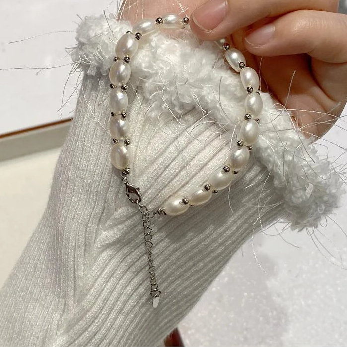 Baroque Pearl AA 8-9mm Natural Freshwater White Big Pearl Adjustable Chain Link Bracelet