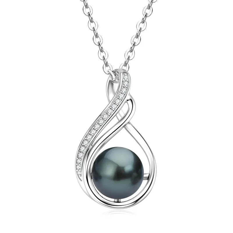 Round Tahitian Black Pearl Moissanite Infinity  925 SilverPendant Necklace