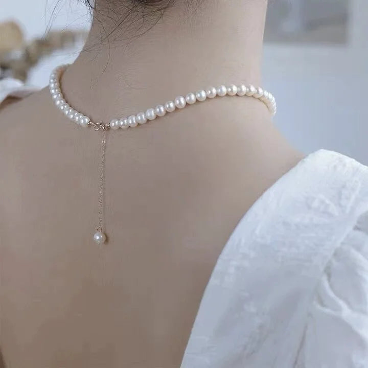 Natural Freshwater Round Pearl 18k Gold Necklace