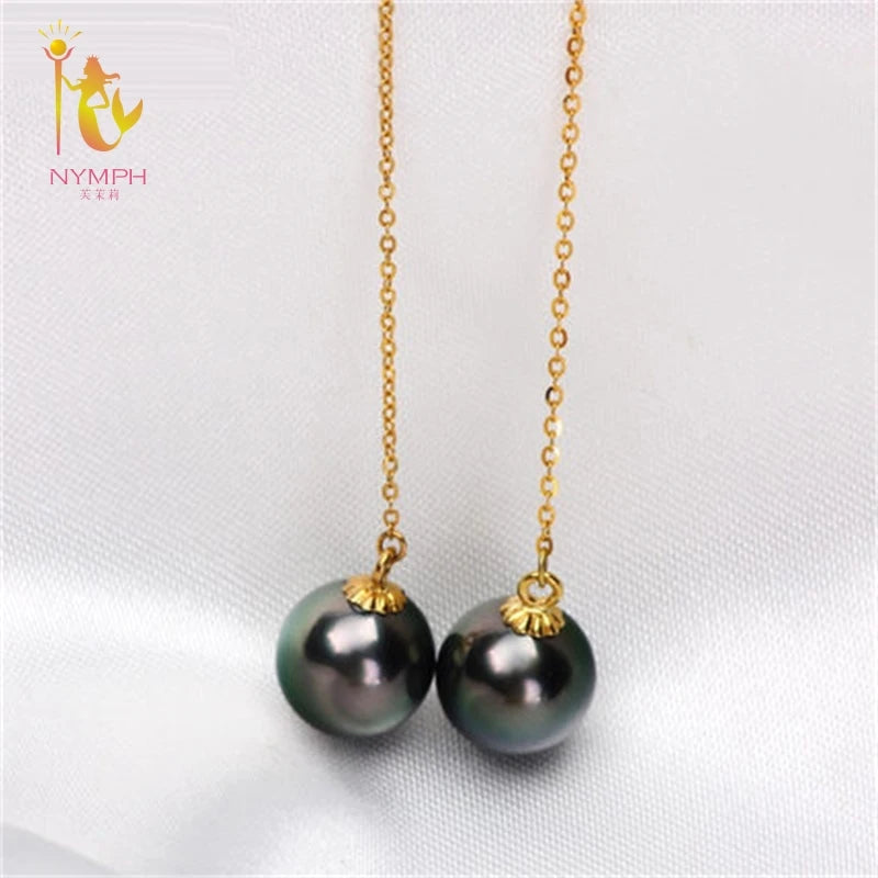 NYMPH 18K Yellow Gold Tahitian Black Drop Pearl earrings AU750 Fine Jewelry ED354
