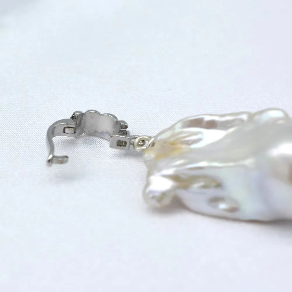 White Natural Baroque Large Pearl Pendant OT Buckle Black Leather Necklace