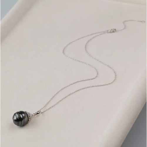 13-11mm Black Tahitian South Sea Pearl Pendant Necklace Sterling Silver