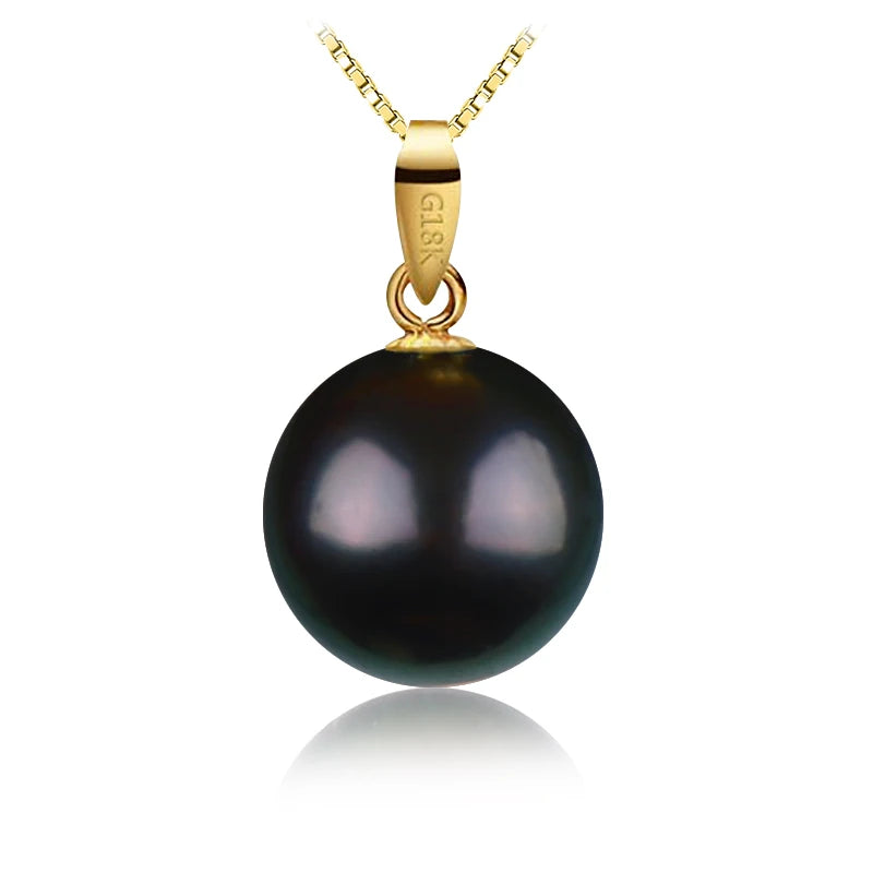 Natural  Tahiti black pearl 8-12mm Pure 18K Gold  Necklace Pendant