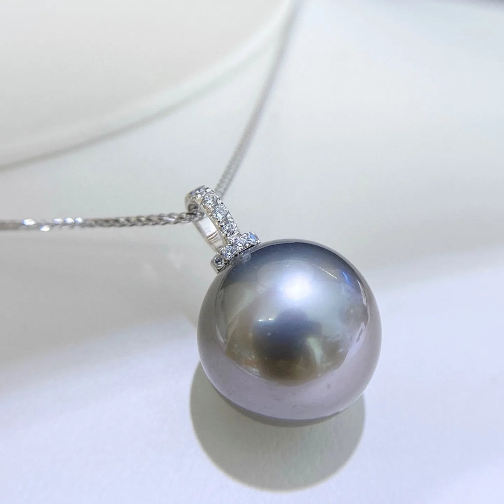Natural Tahitian Pearl Necklace S925 Silver Platinum Gray Pendant