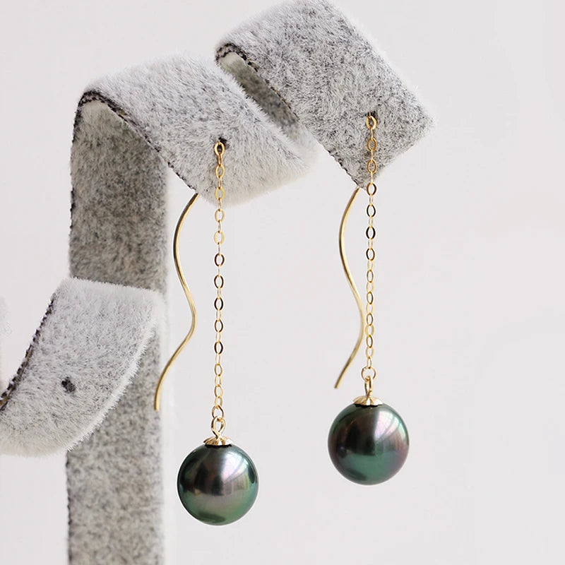 Perfect Round Tahitian Black Pearl Earrings For Women,Real 18k Gold Pearl Earrings Wedding Bride Gift