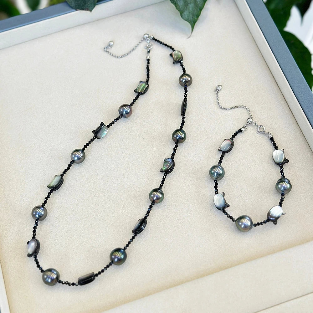9-10mm Tahitian Black Pearl with 925 Silver Necklace and Bracelet Jewelry Set