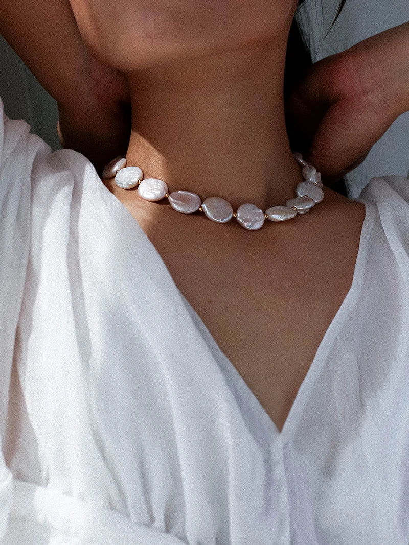 Real Natural Baroque Pearl Brass With 18K Gold Choker Necklace