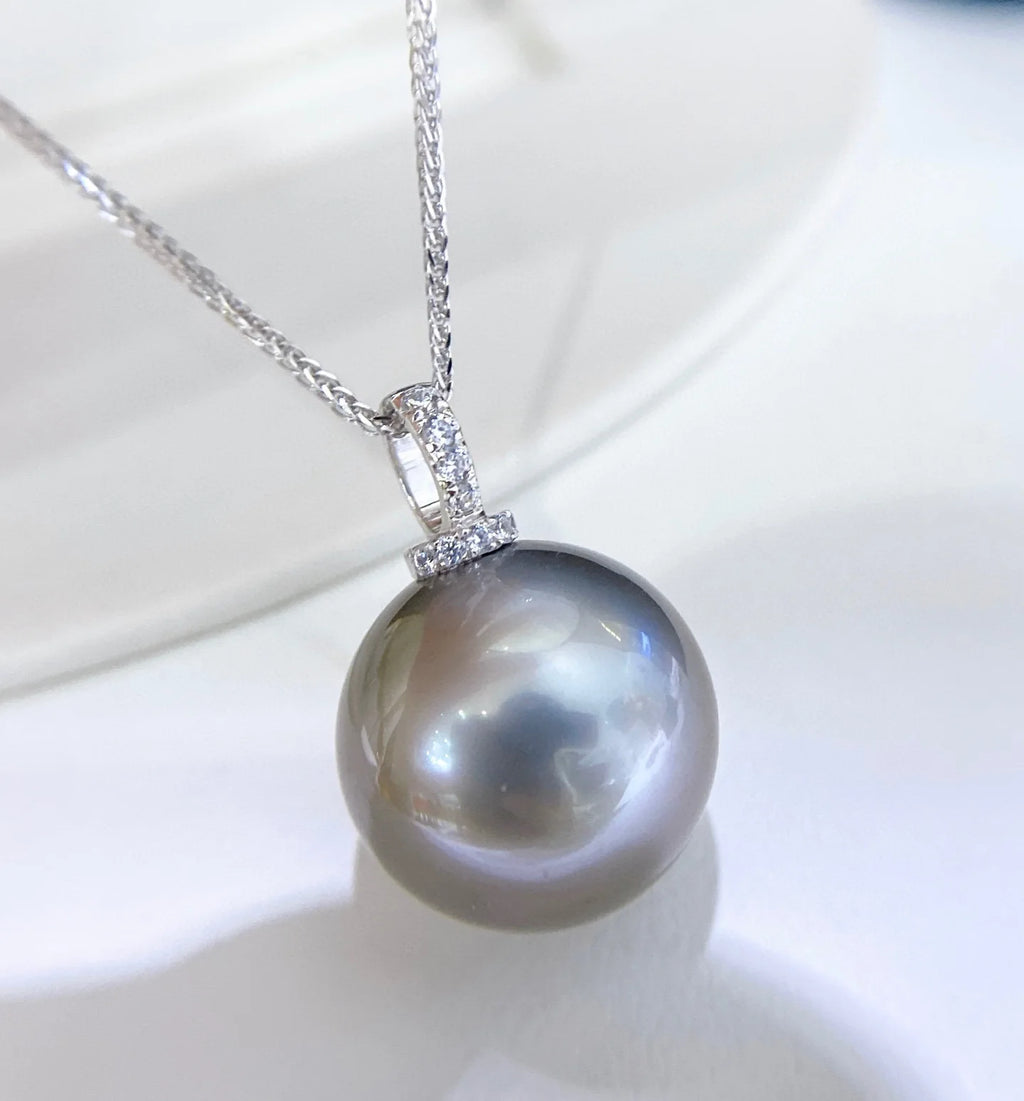 Natural Tahitian Pearl Necklace S925 Silver Platinum Gray Pendant