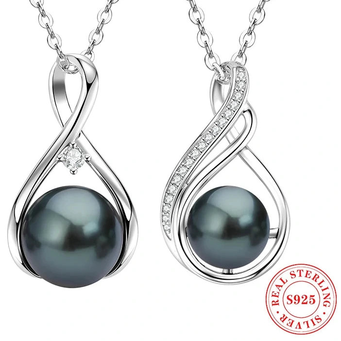 Round Tahitian Black Pearl Moissanite Infinity  925 SilverPendant Necklace