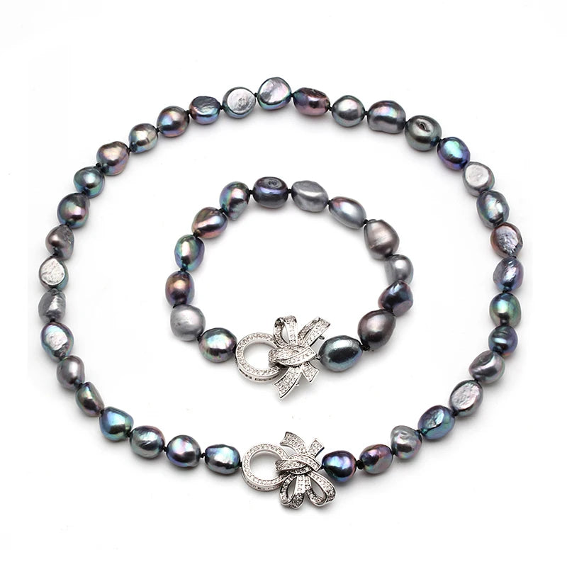 Natural Freshwater Black Baroque Pearl Necklace Bracelet Jewelry Sets