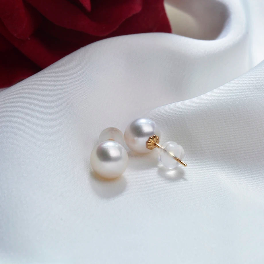 Real Natural Freshwater Pearl 18k Gold Stud Earrings