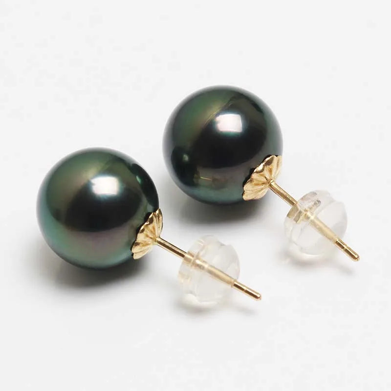 Real Tahitian Black Gold Pearl Earrings Woman,Bridal Round AU750 18k Pearl and Gold Earrings Girls Wife Mother Birthday Gifts