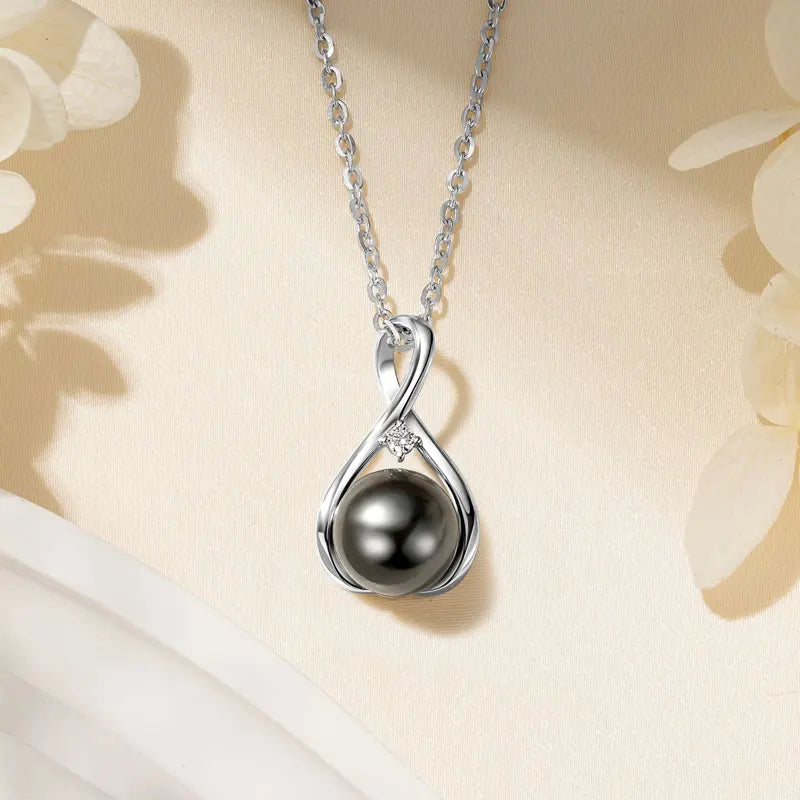 Round Tahitian Black Pearl Moissanite Infinity  925 SilverPendant Necklace