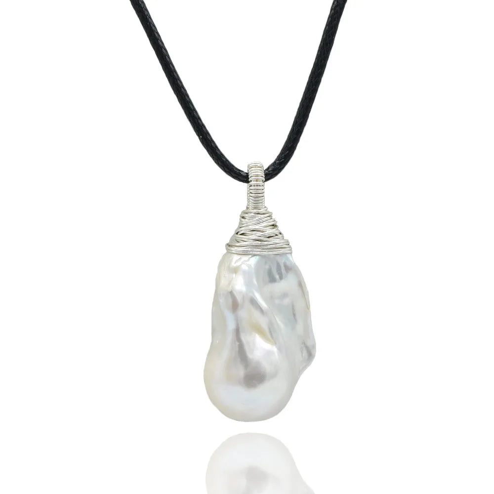 Women's Pendant White Large Baroque Pearl Sterling Silver Pendant Drop Shape Pearl Pendant Black Rope Necklace Free Shipping