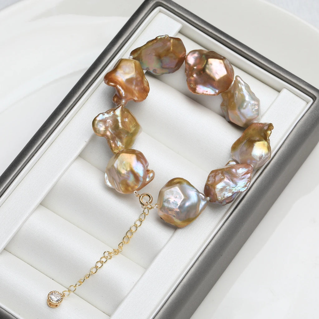 Freshwater Alien Pearl Bracelet Natural Colors Colorful Metal Light Irregular Baroque Bracelet with Zircon Strange Jewelry
