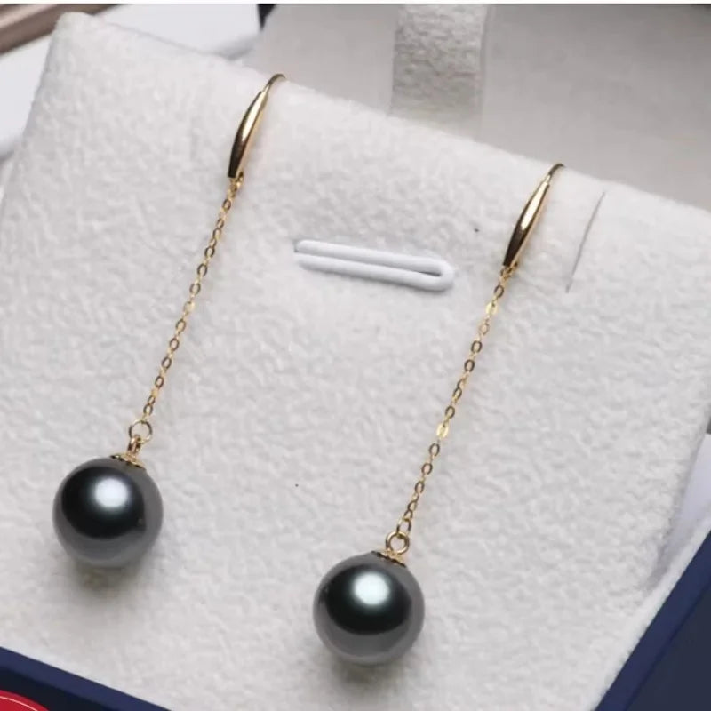 Tahitian Black Pearl Earrings 18K Gold Plated Long Drop Dangle Earrings
