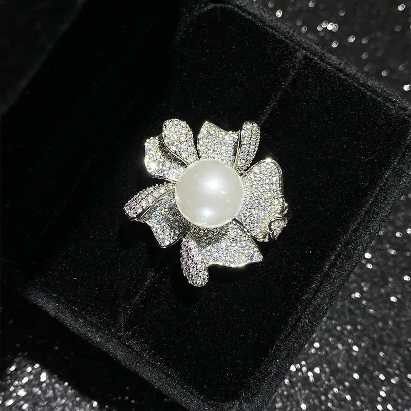 natural pearl beads ring gold-plated Tahitian black flowers temperament match finger ring