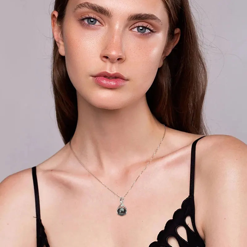 9-10mm Tahitian Black Pearl Pendant Necklace Inlaid 2mm Moissanite 925 Silver Infinity Necklace