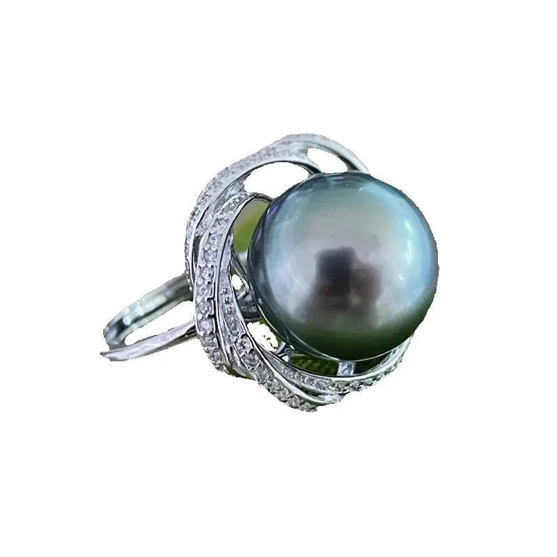 Natural Tahitian Black Round pearl AAAA+  12-13mm 925 Silver Designer Huge Ring
