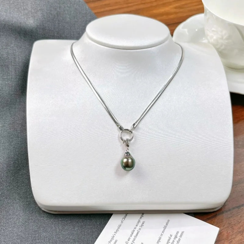 Tahitian Seawater Black Pearl Real 925 SilverPendant Necklace